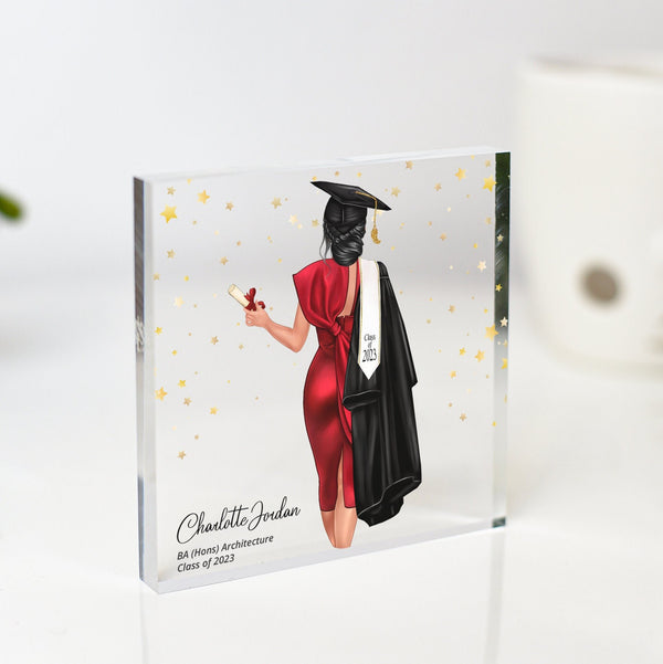 Looking for a special graduation gift to commemorate your loved one&#39;s hard work and dedication? Look no further than our personalized graduation plaque on clear acrylic! Featuring a beautifully detailed graduation cap and diploma design,