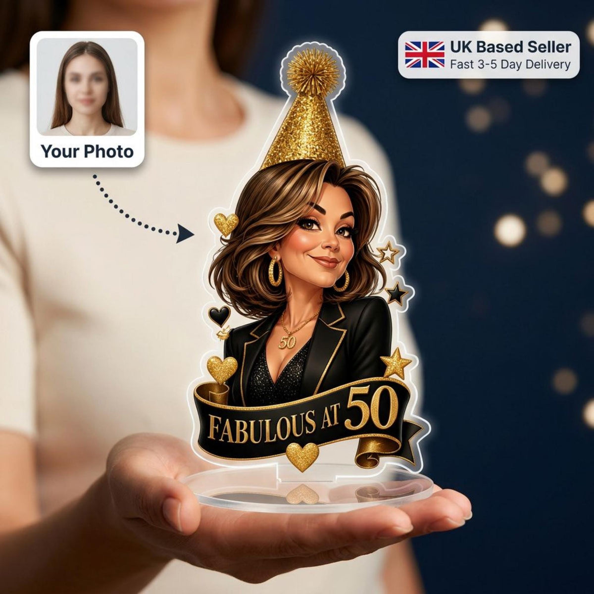 50 and Fabulous birthday caricature in a blazer and party hat