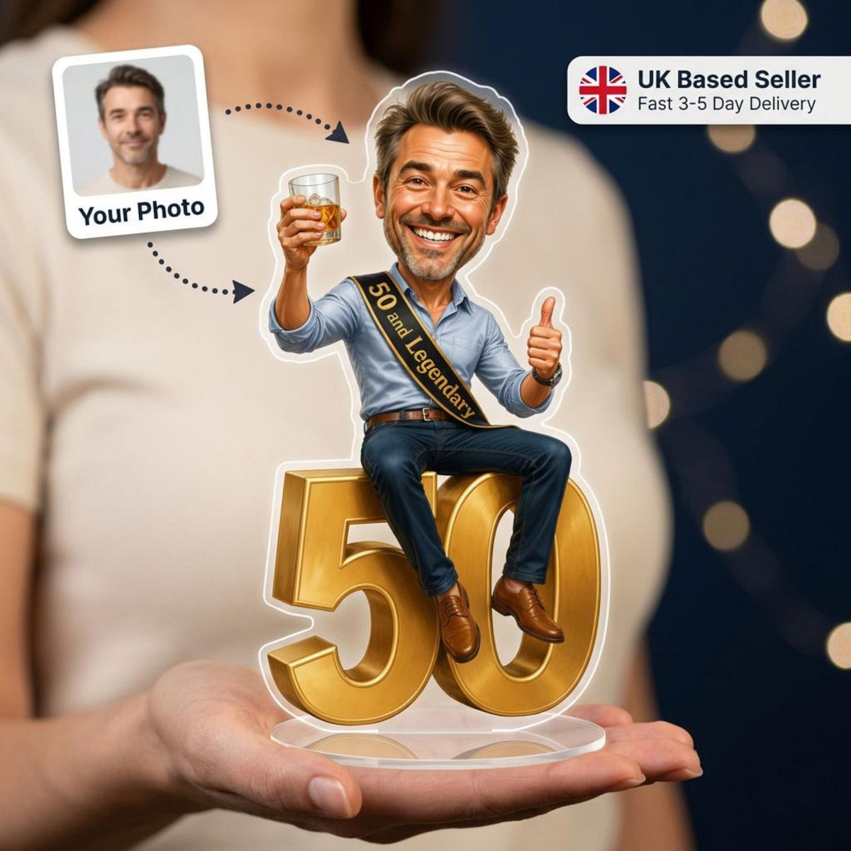 50 and Legendary male caricature sitting on a gold birthday number