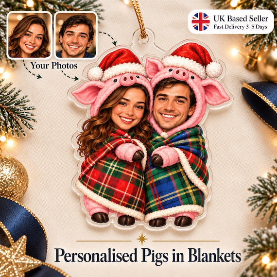 Pigs in Blankets personalised couple photo Christmas ornament