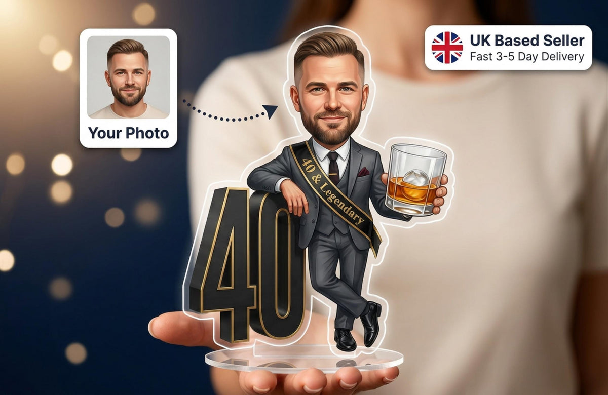 Personalised birthday caricature standee and cake topper made from a photo