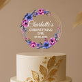 Christening cake topper with baby name and floral wreath