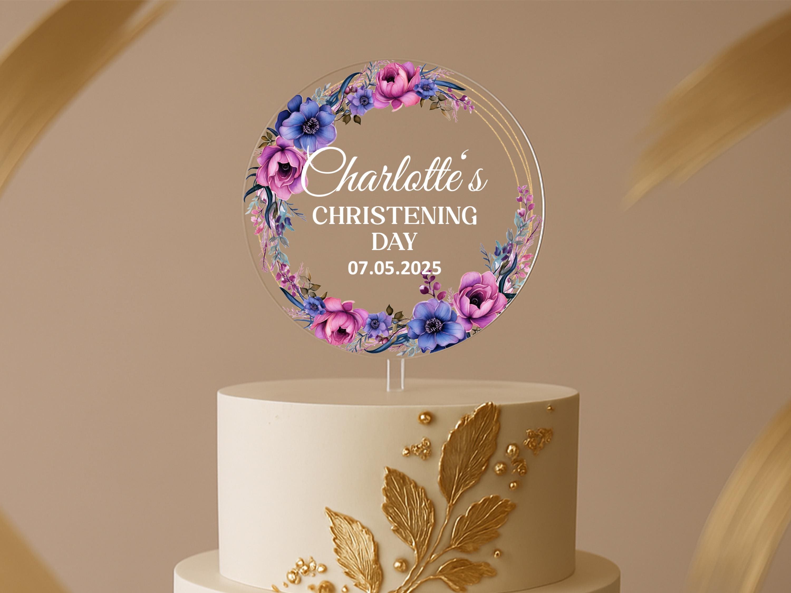 Christening cake topper with baby name and floral wreath