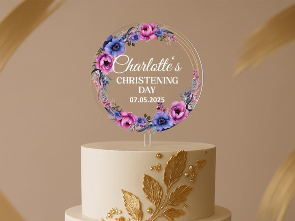 Christening cake topper with baby name and floral wreath