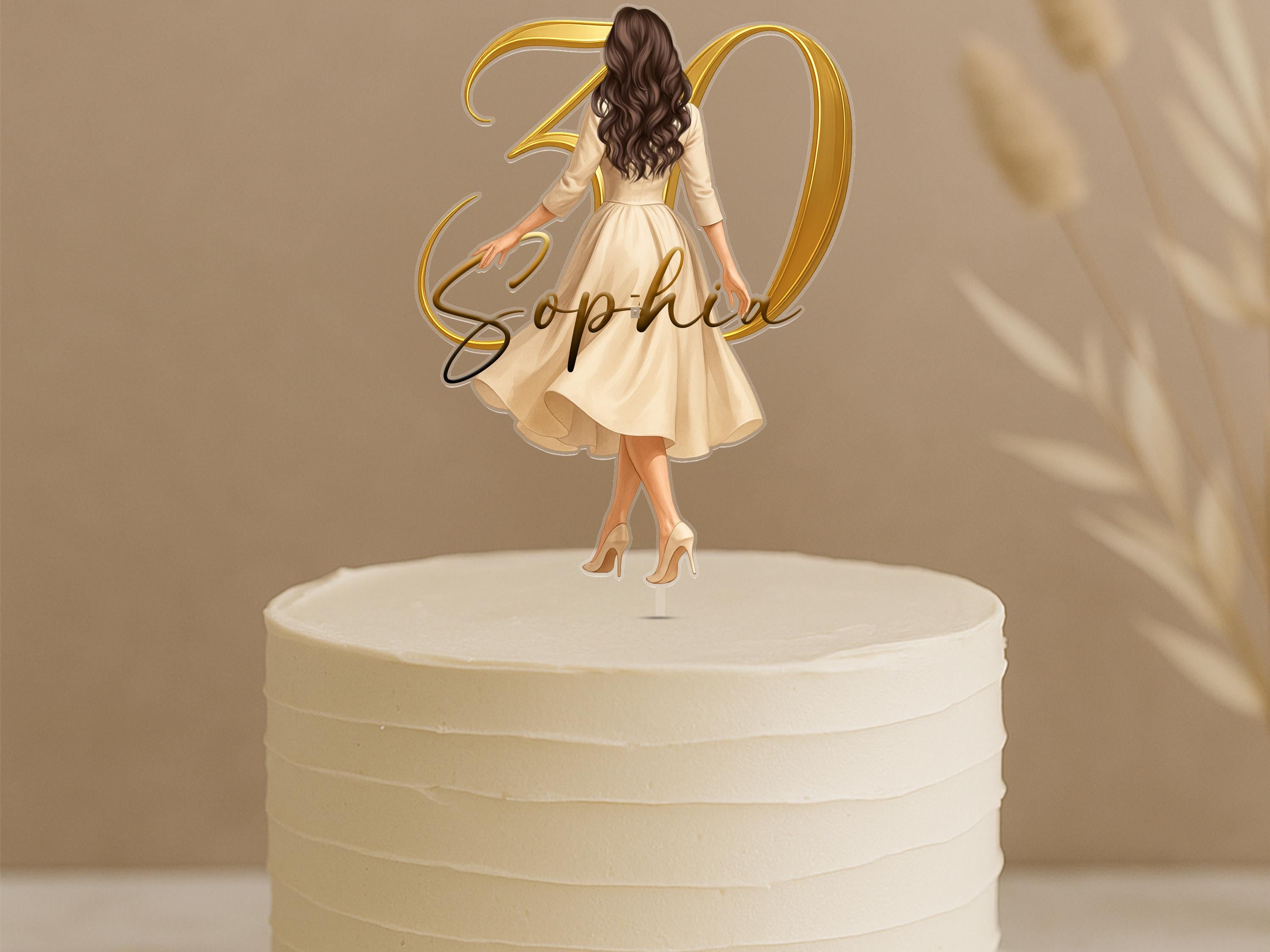 Custom Birthday Cake Topper – Personalized Woman Character, Name & Age, Elegant Acrylic