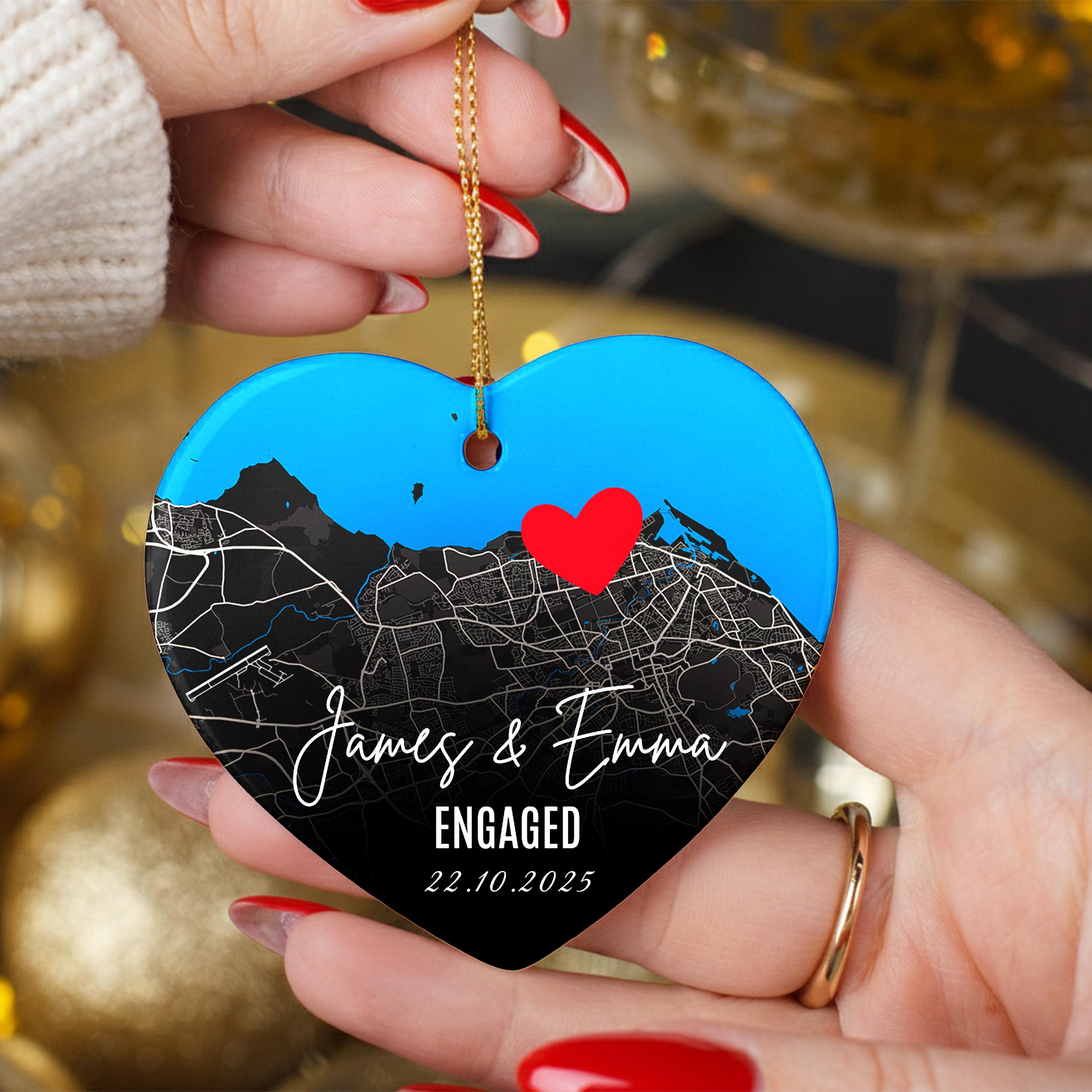 Personalised Engagement Map Ornament – Heart Ceramic Keepsake with Names & Date, Custom Location Gift for Couples, First Christmas Engaged