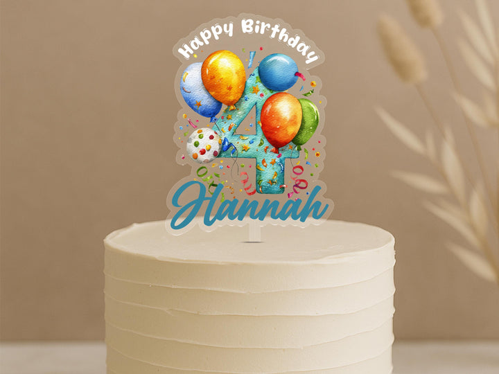 Personalised balloon birthday cake topper showing number 4 surrounded by colourful party balloons and custom name Hannah on white cake