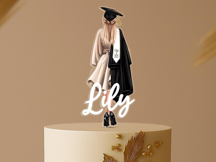 Personalised graduation cake topper with female graduate in cap and gown, custom name, class of 2025