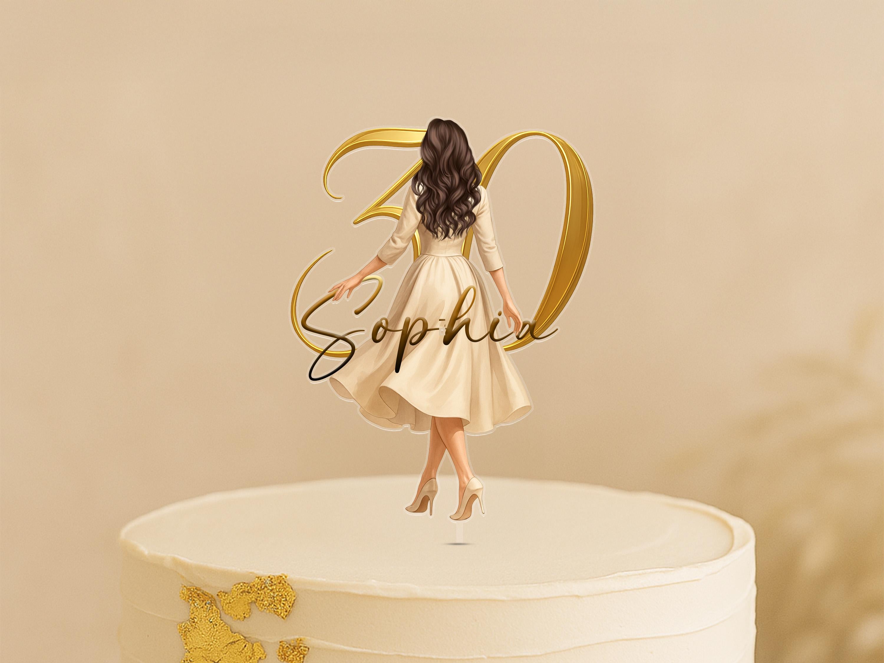 Custom Birthday Cake Topper – Personalized Woman Character, Name & Age, Elegant Acrylic