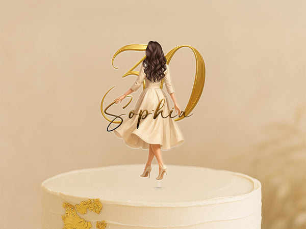 Custom Birthday Cake Topper – Personalized Woman Character, Name & Age, Elegant Acrylic