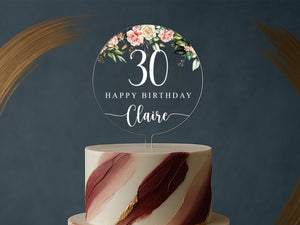Custom 30th birthday cake topper with name Claire and pastel floral artwork