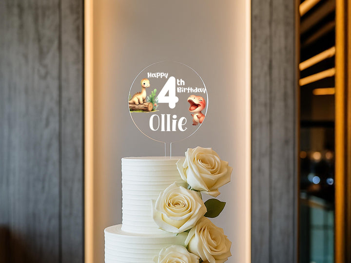 Clear acrylic cake topper with dinosaurs for 4th birthday