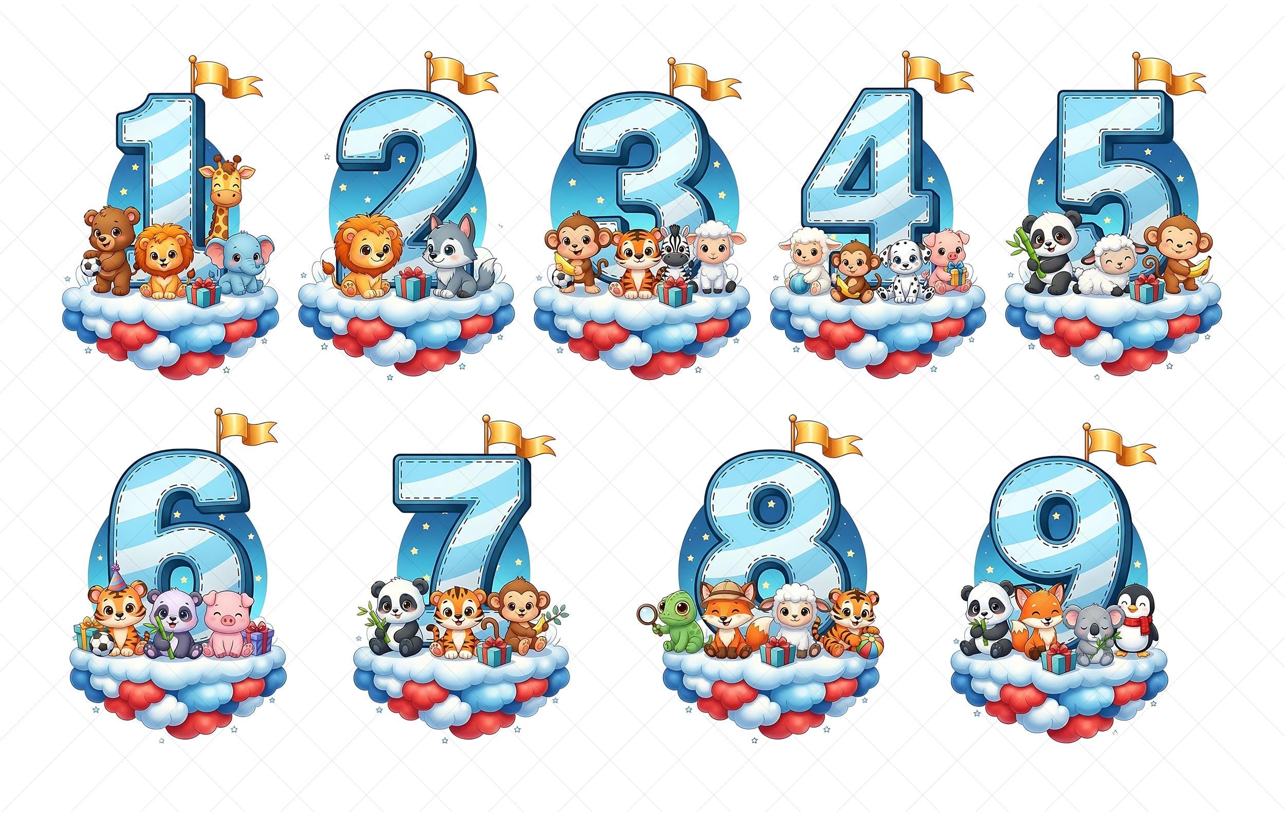A collection of cartoon animal characters surrounding the numbers 1 through 5, each representing a different animal.