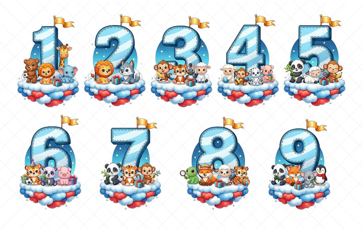 A collection of cartoon animal characters surrounding the numbers 1 through 5, each representing a different animal.