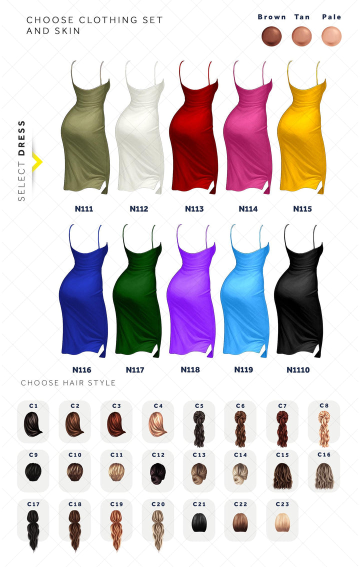 The image is a collage of various clothing sets and skin tones, featuring different dresses and hair styles. The image includes a selection of dresses in different colors and styles, as well as various hair styles and colors.