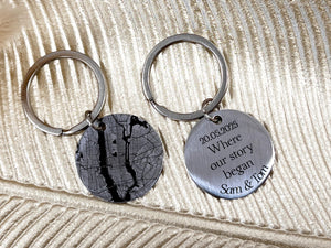 Double sided keyring with custom map front and names/date on the back