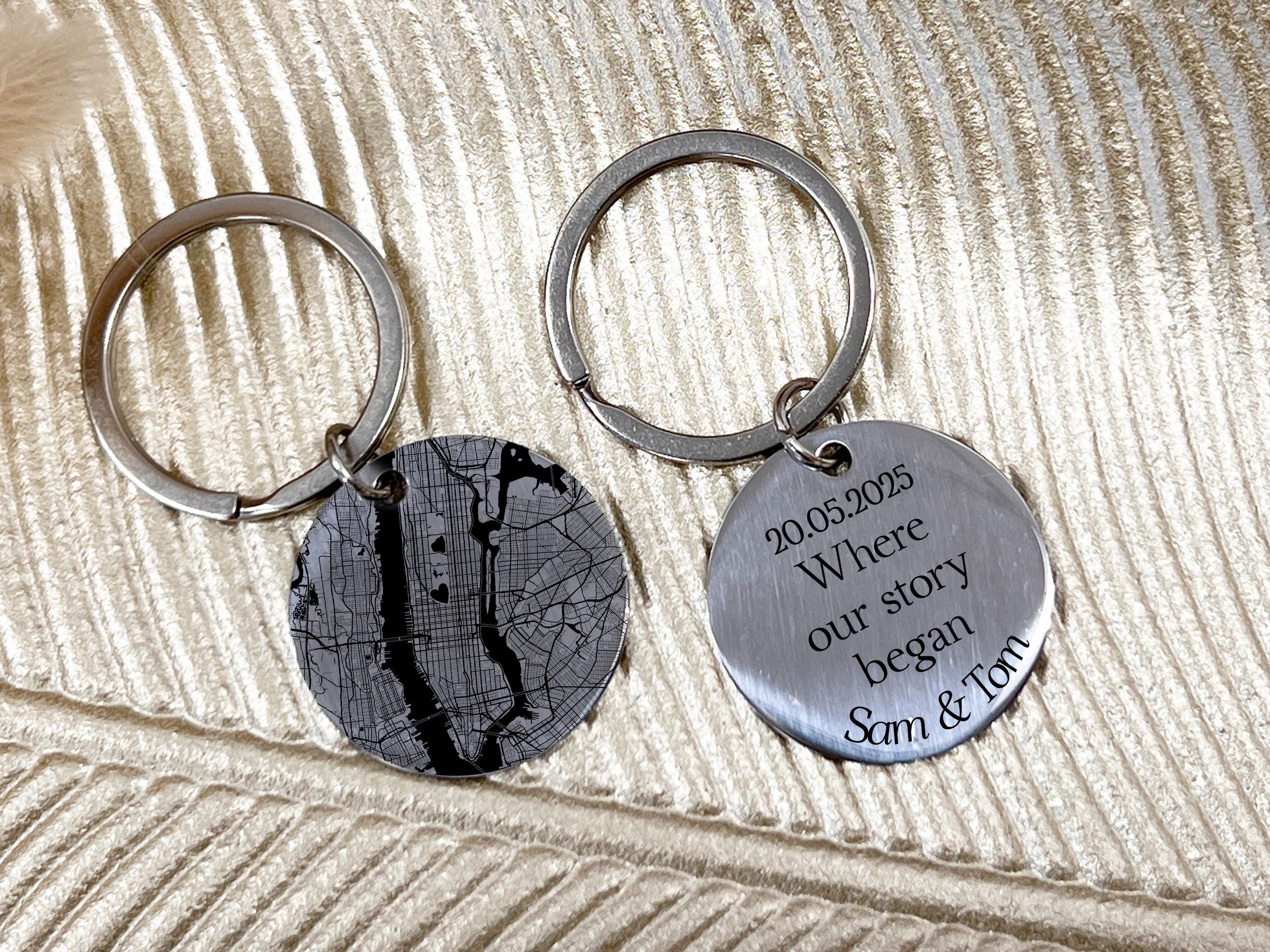 Double sided keyring with custom map front and names/date on the back