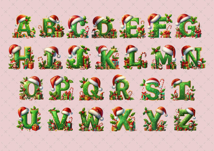 a collection of Christmas-themed letters and numbers, each adorned with various holiday decorations such as presents, candy canes, and holly leaves. The letters and numbers are arranged in a grid format, creating a festive and decorative composition.