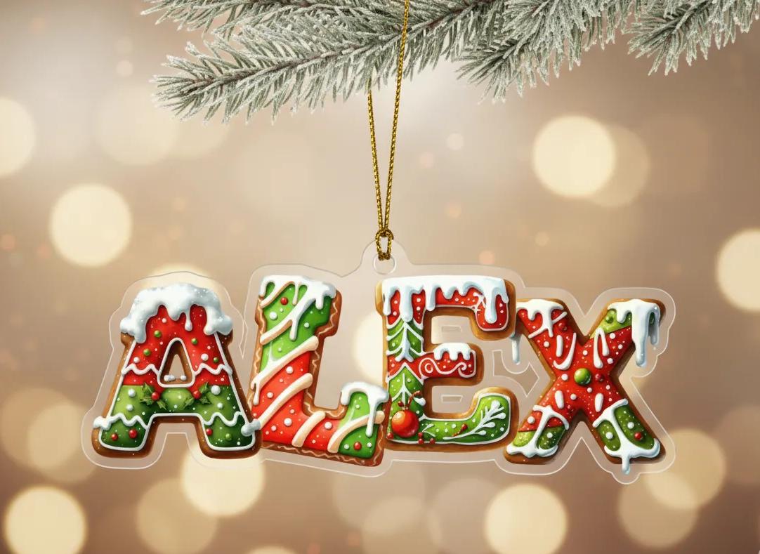 A clear ornament shaped like the name "ALEX" made of colorful gingerbread cookies, hanging from a branch with a blurred background of lights.