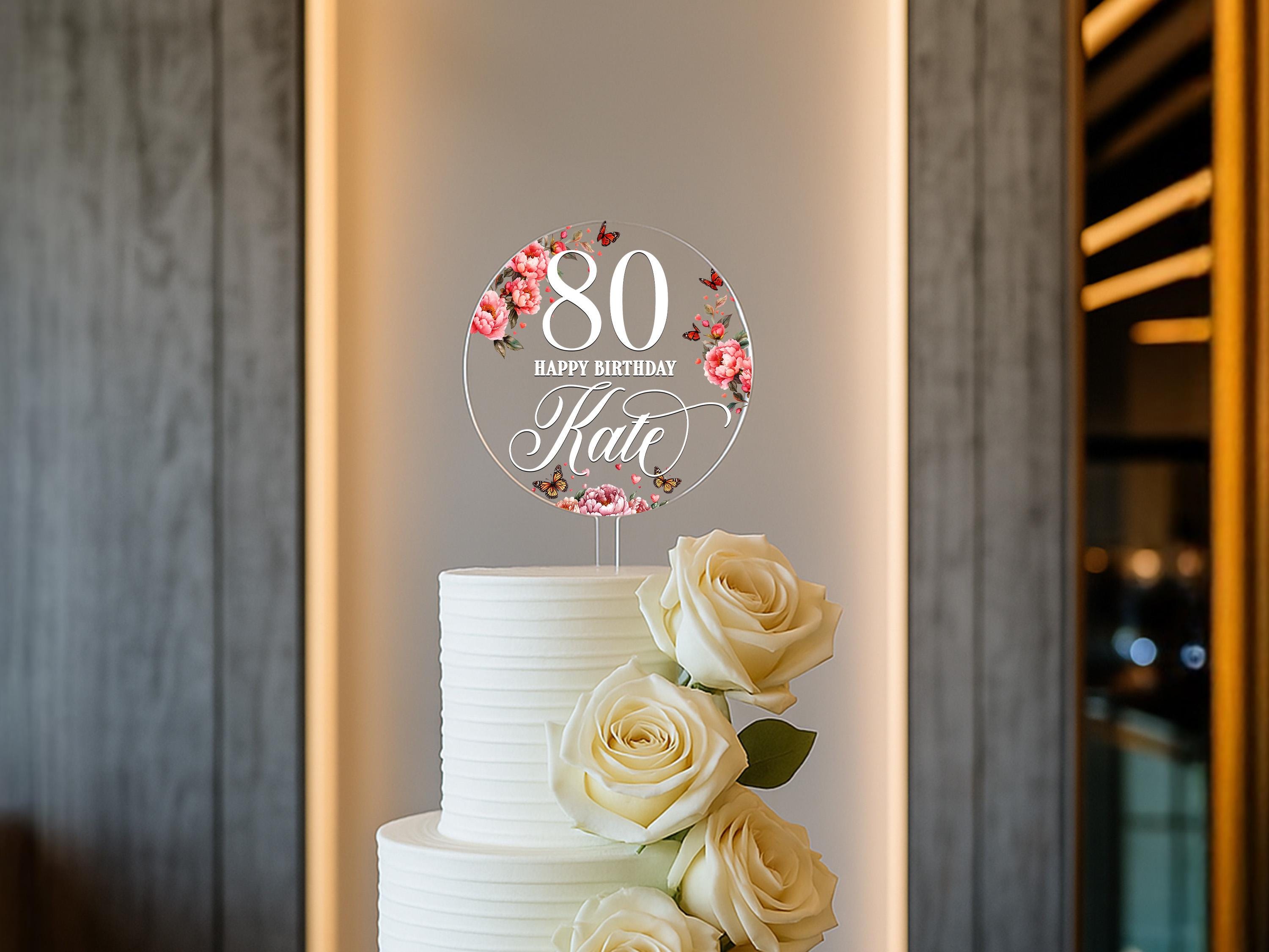 UV printed birthday cake decoration on acrylic with flower and butterfly design