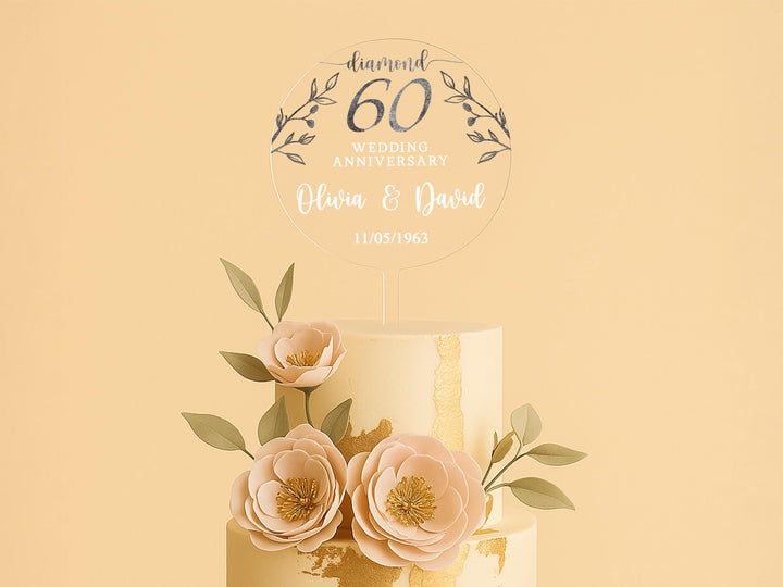 Elegant round acrylic anniversary topper for 60th wedding celebration