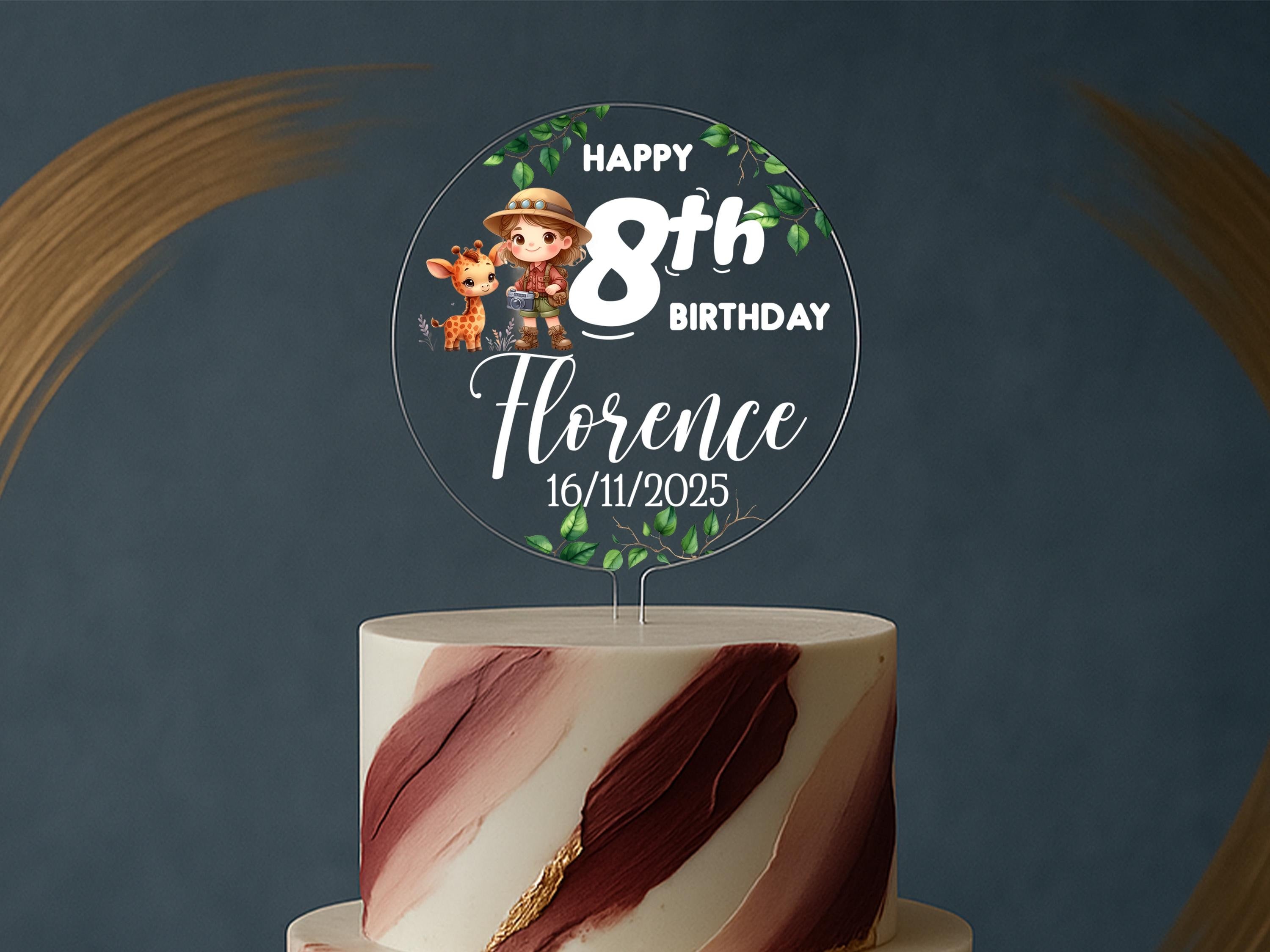 Custom jungle birthday cake topper with age and date