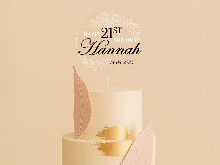 a three tiered cake with a happy 21st birthday sign on top
