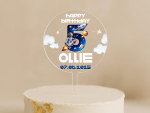 Personalised space birthday cake topper with rocket, astronaut, planets, and name