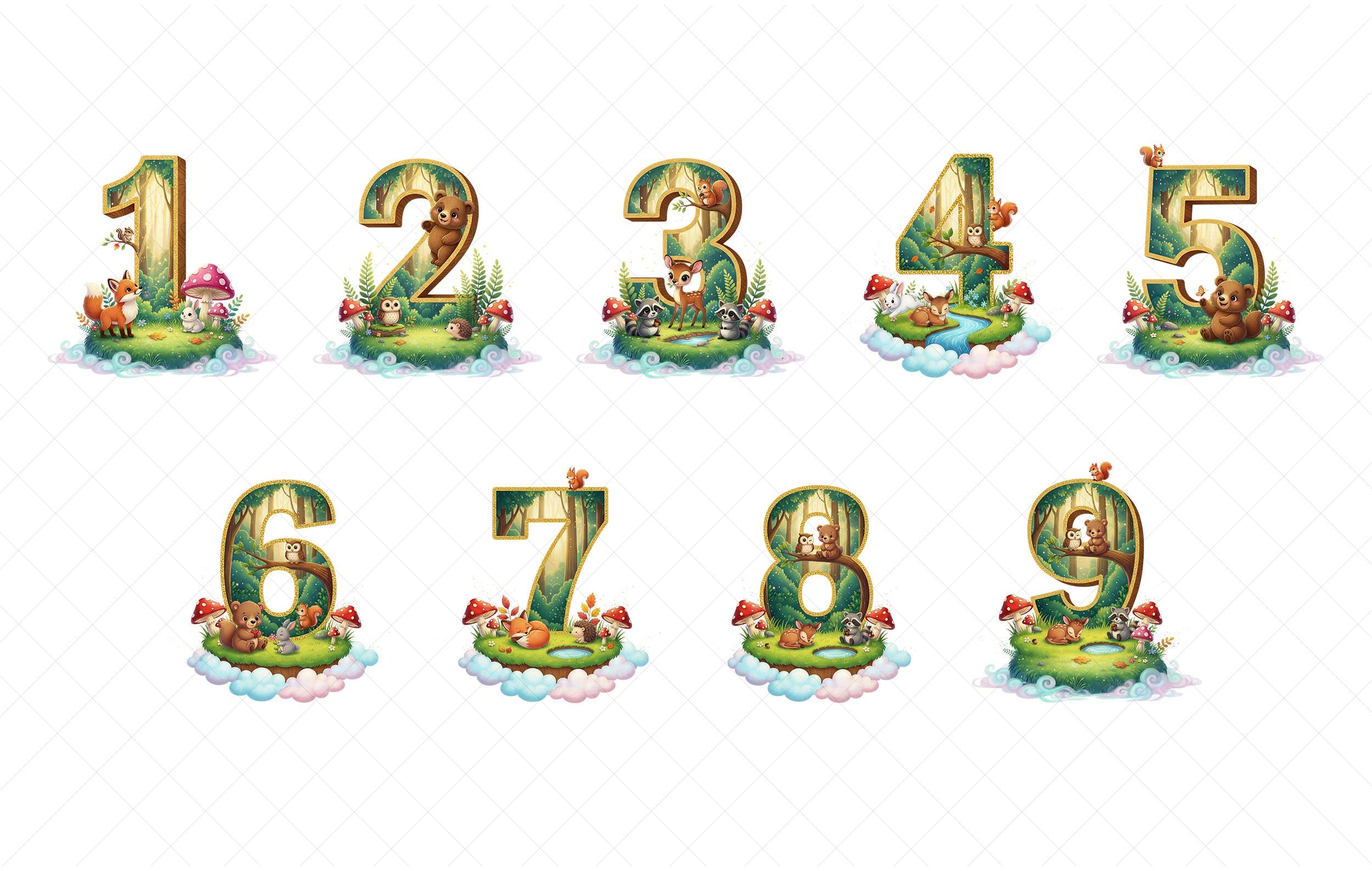 A collection of illustrations depicting various forest animals and elements, including bears, mushrooms, and other wildlife, arranged in a forest setting. The illustrations are designed to represent the numbers 1 through 9, with each number represented by a unique forest scene.