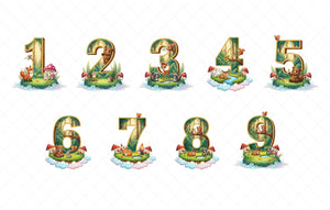 A collection of illustrations depicting various forest animals and elements, including bears, mushrooms, and other wildlife, arranged in a forest setting. The illustrations are designed to represent the numbers 1 through 9, with each number represented by a unique forest scene.