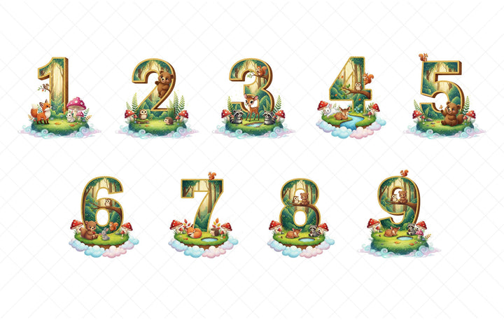 A collection of illustrations depicting various forest animals and elements, including bears, mushrooms, and other wildlife, arranged in a forest setting. The illustrations are designed to represent the numbers 1 through 9, with each number represented by a unique forest scene.