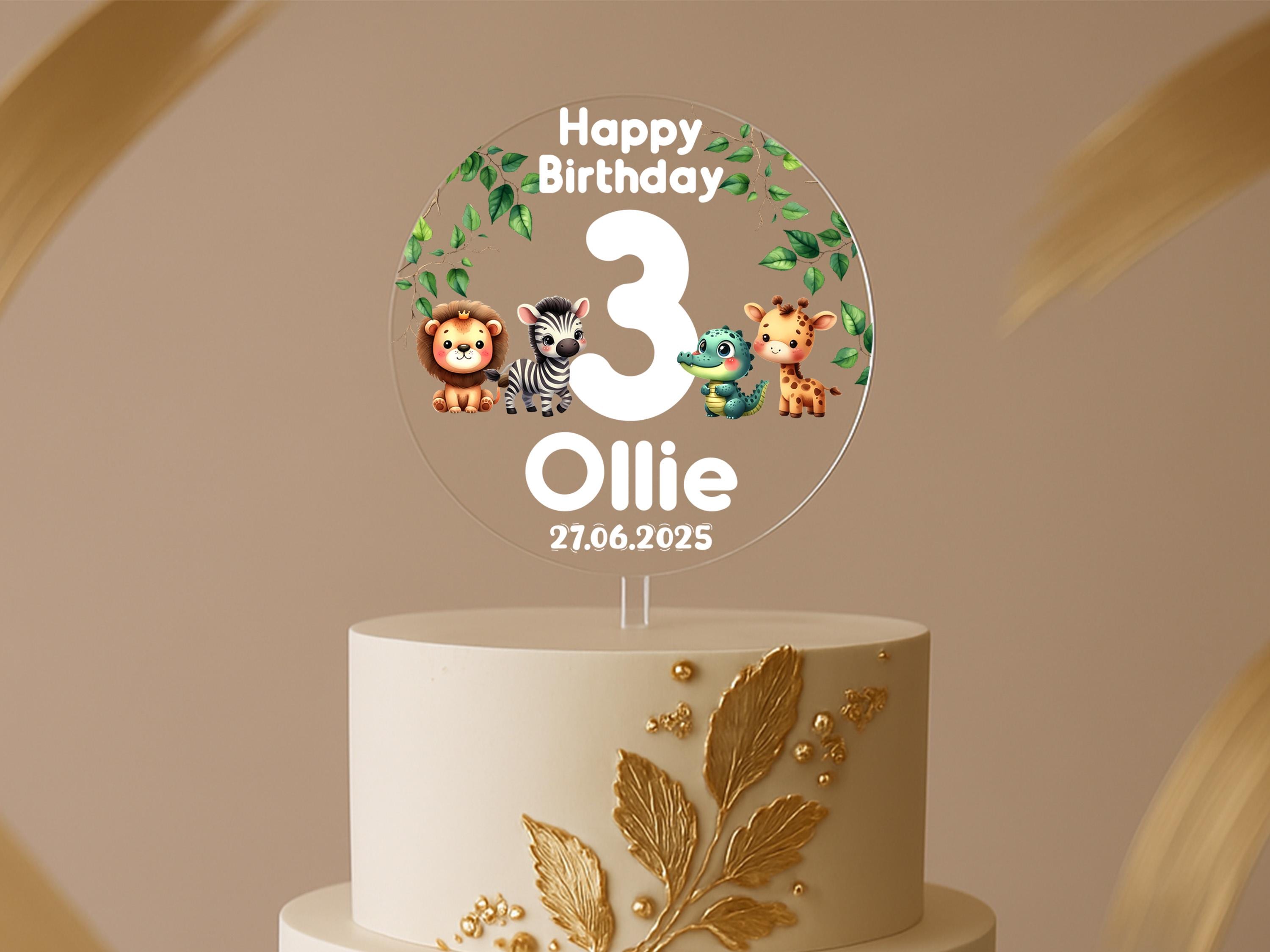 Top view of personalised cake topper displaying detailed animal characters and customisation options.