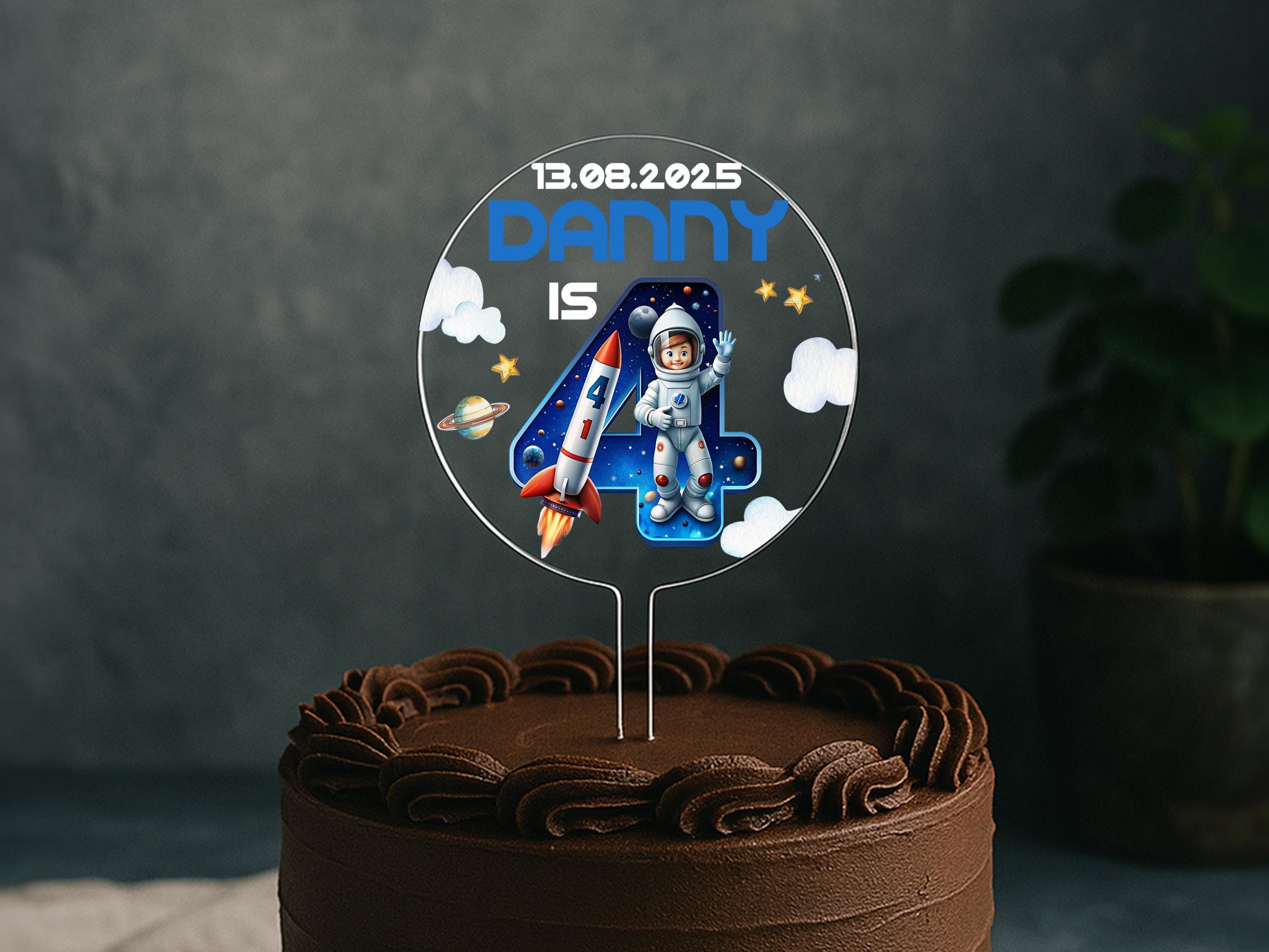 Space Birthday Cake Topper – Custom Name, Rocket & Astronaut Decoration