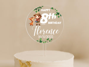 Personalised safari birthday cake topper with explorer, giraffe, and name