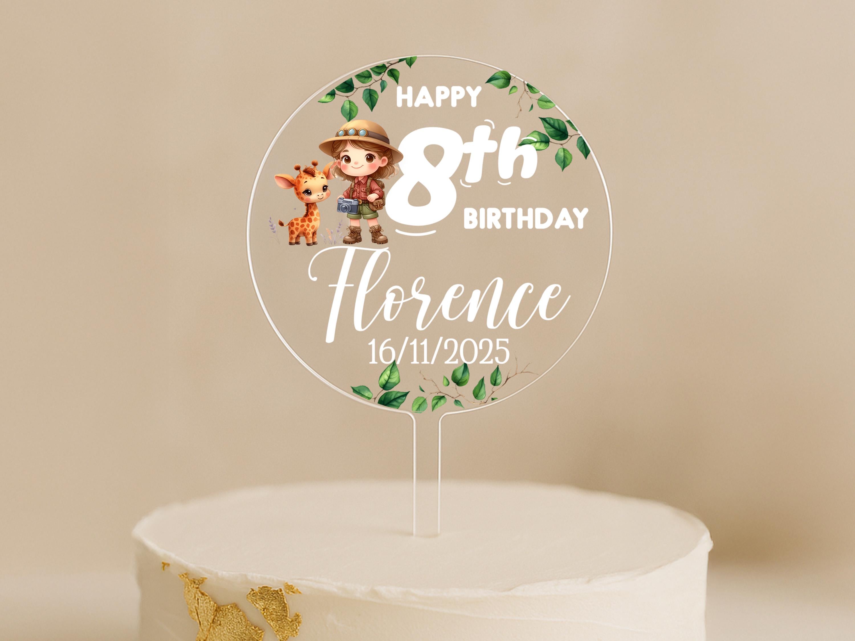 Personalised safari birthday cake topper with explorer, giraffe, and name