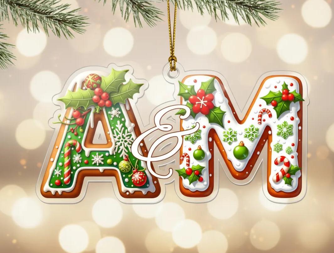 A decorative Christmas ornament with the letters 'A&M' made of gingerbread cookies, decorated with holly leaves, berries, snowflakes, and other festive elements.