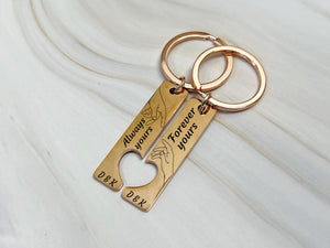 Always yours and forever yours keychain set for couples, custom initials, hand illustration, romantic anniversary or wedding gift