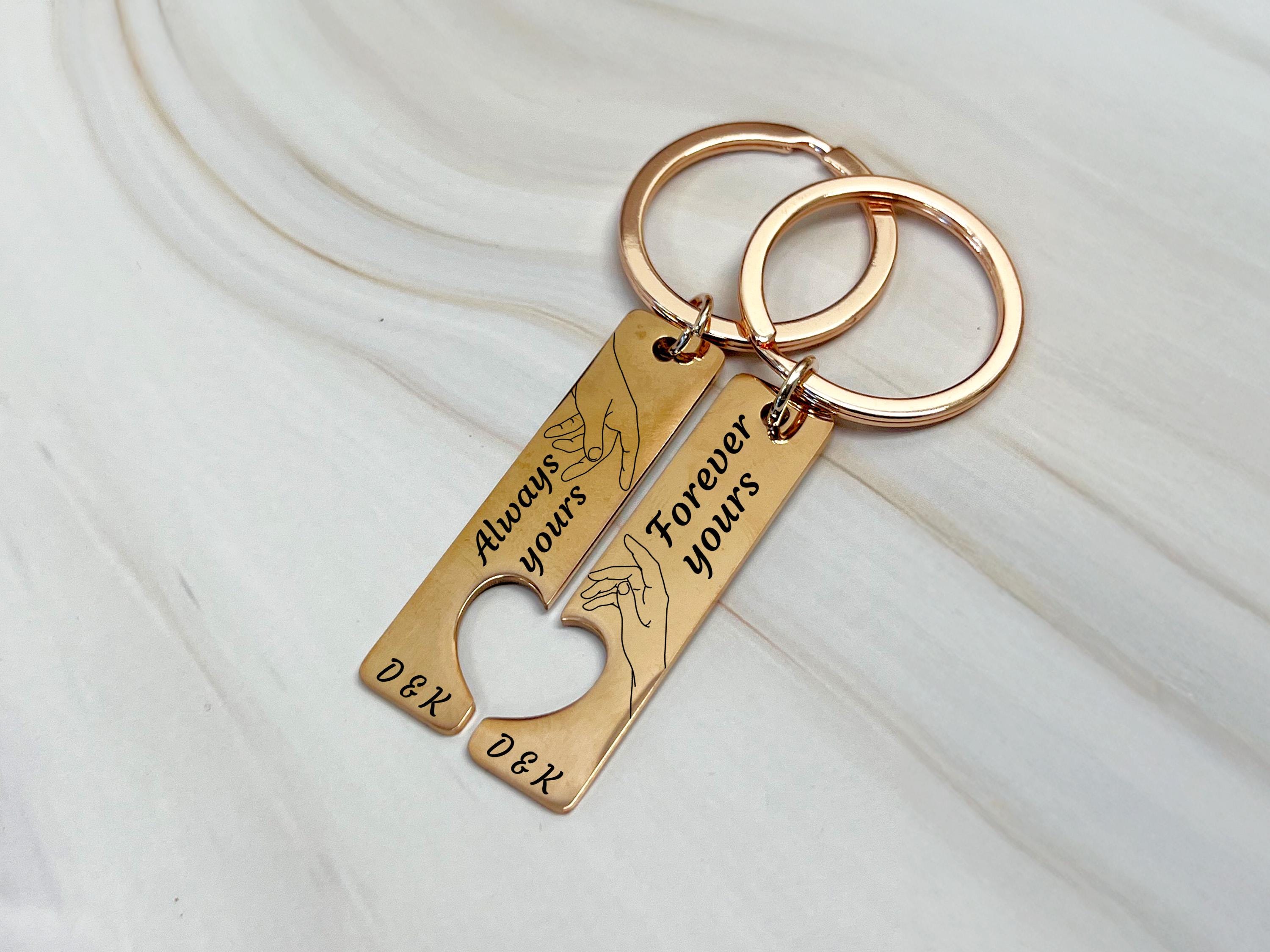 Always yours and forever yours keychain set for couples, custom initials, hand illustration, romantic anniversary or wedding gift