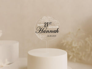 Elegant acrylic topper for 21st birthday celebration