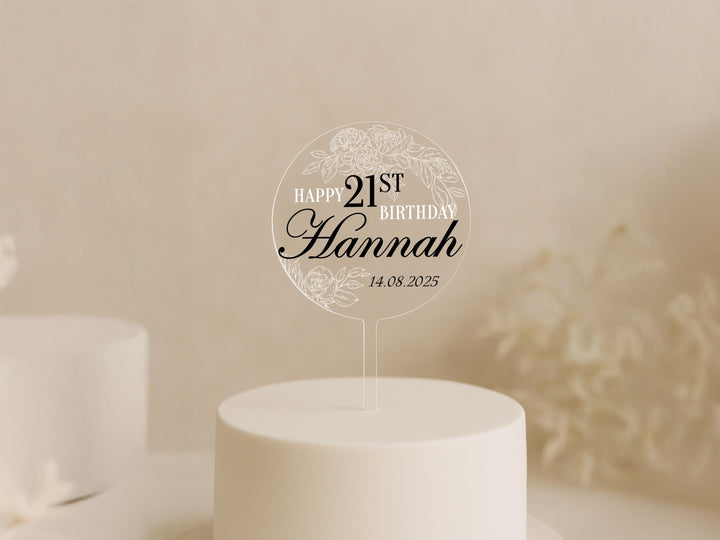 Elegant acrylic topper for 21st birthday celebration