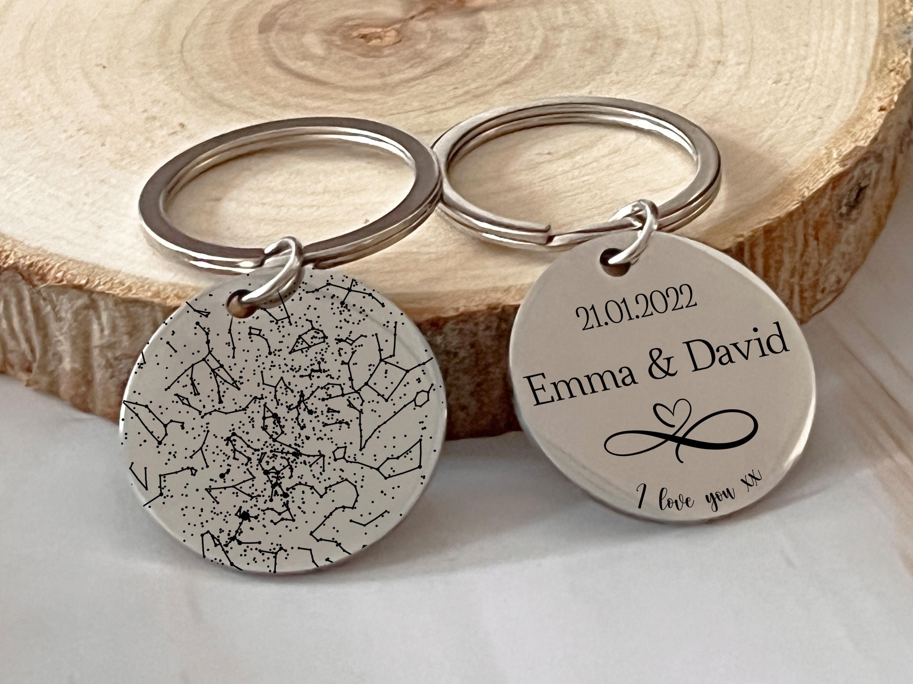 Comparison of silver, gold and rose gold finish options for personalized star map keychains