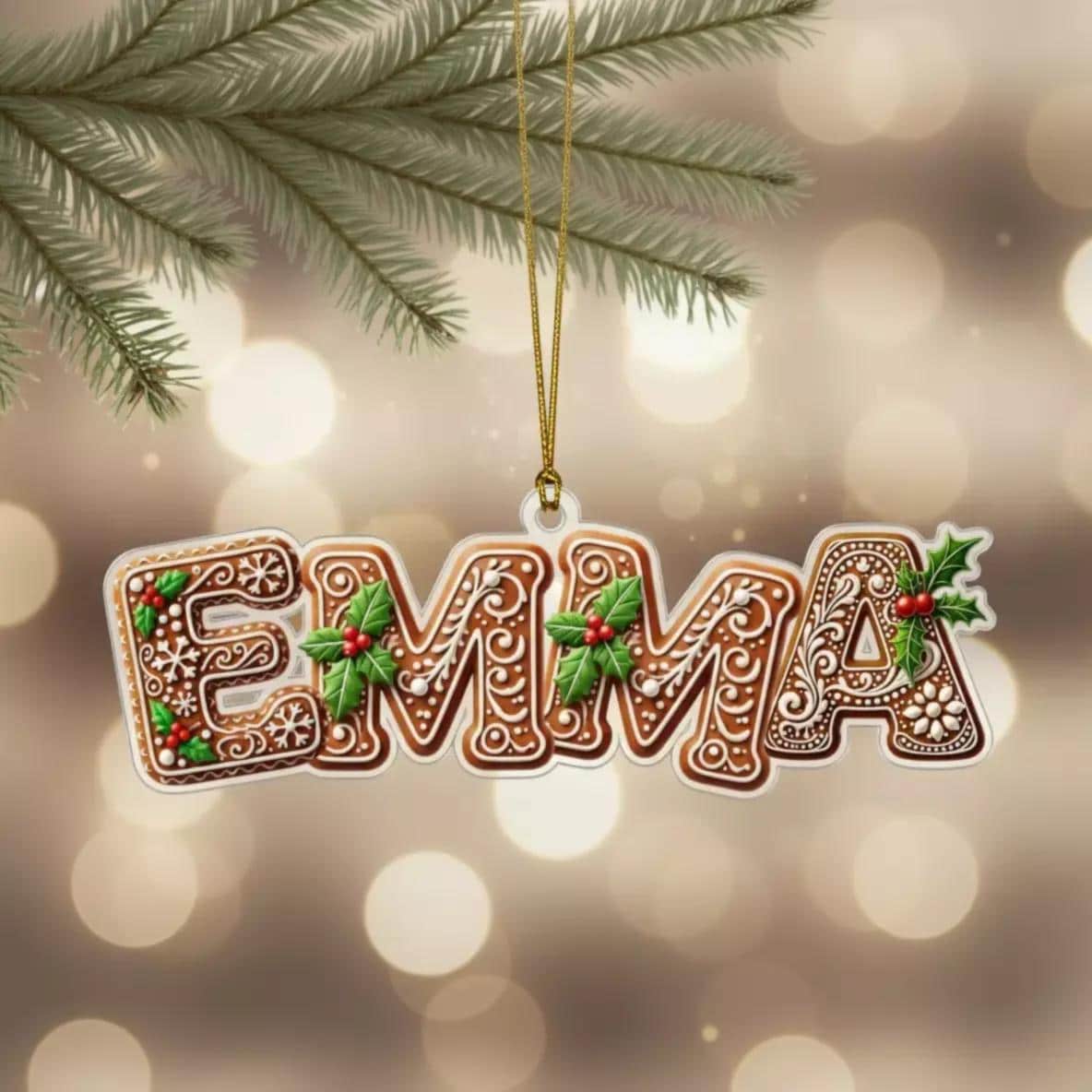 A decorative ornament shaped like the name "Emma" made of gingerbread cookies, hanging from a string.