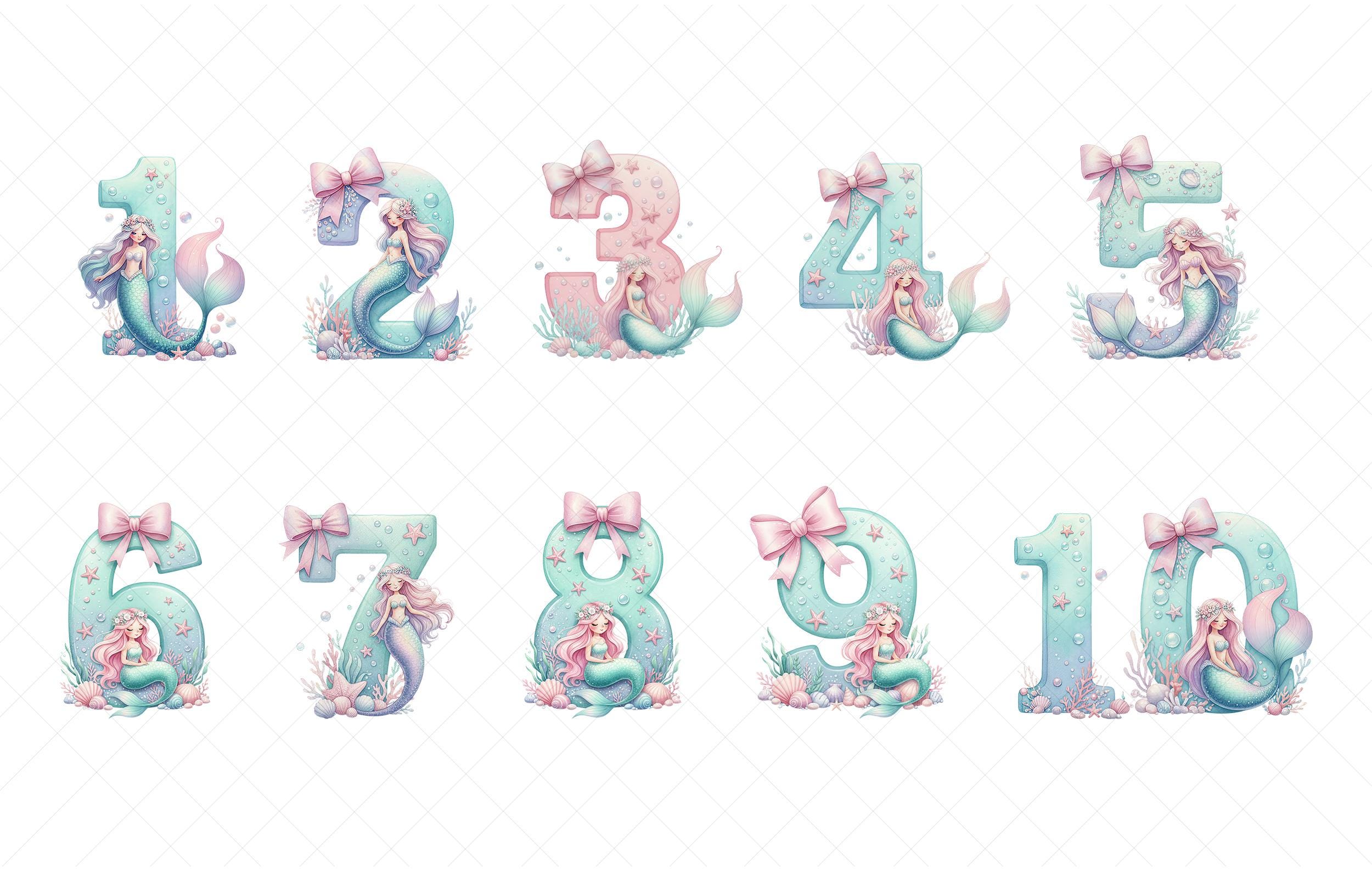 A collection of illustrations depicting numbers from 1 to 10, each featuring a mermaid character. The numbers are surrounded by marine elements such as bubbles, seaweed, and starfish, creating a whimsical and underwater-themed design.