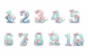 A collection of illustrations depicting numbers from 1 to 10, each featuring a mermaid character. The numbers are surrounded by marine elements such as bubbles, seaweed, and starfish, creating a whimsical and underwater-themed design.