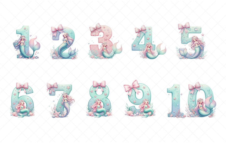 A collection of illustrations depicting numbers from 1 to 10, each featuring a mermaid character. The numbers are surrounded by marine elements such as bubbles, seaweed, and starfish, creating a whimsical and underwater-themed design.
