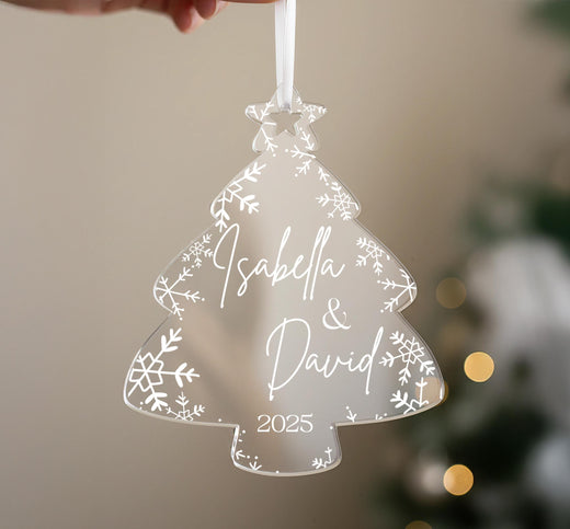 Engagement Ornament: Clear Acrylic Tree - Custom Names & Year