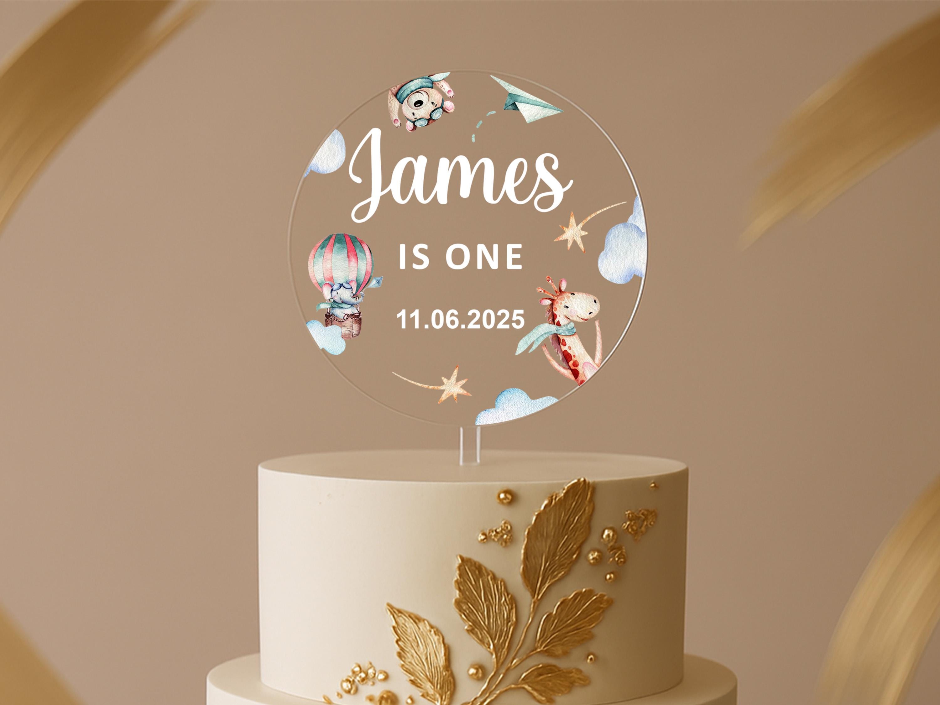 Clear round birthday topper with clouds, stars, and pastel artwork