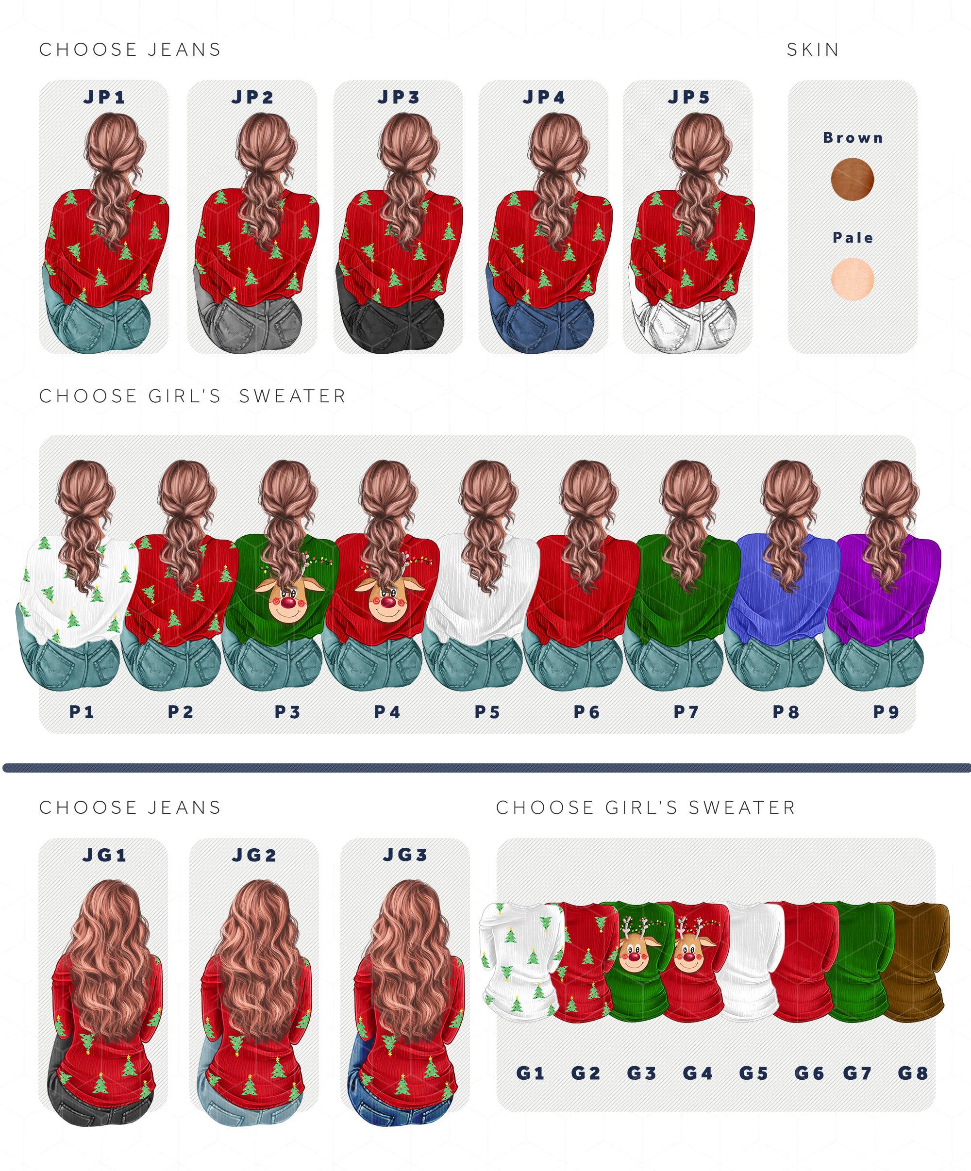 The image is a collage of various illustrations of women with different hairstyles and clothing styles, including different sweater colors and styles.