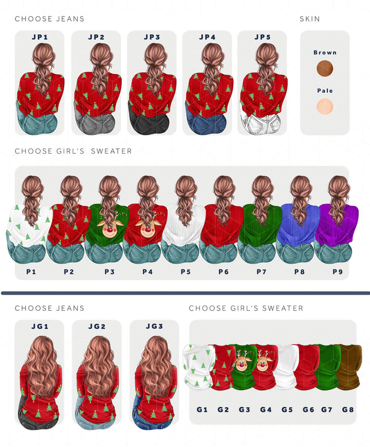 The image is a collage of various illustrations of women with different hairstyles and clothing styles, including different sweater colors and styles.