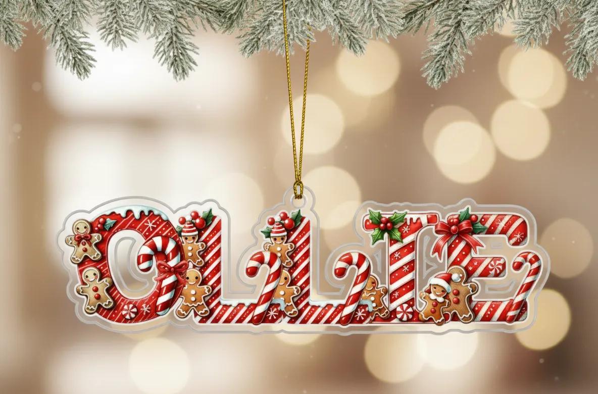 A clear ornament shaped like the word "Ollie" made of candy canes, gingerbread men, and other festive decorations.